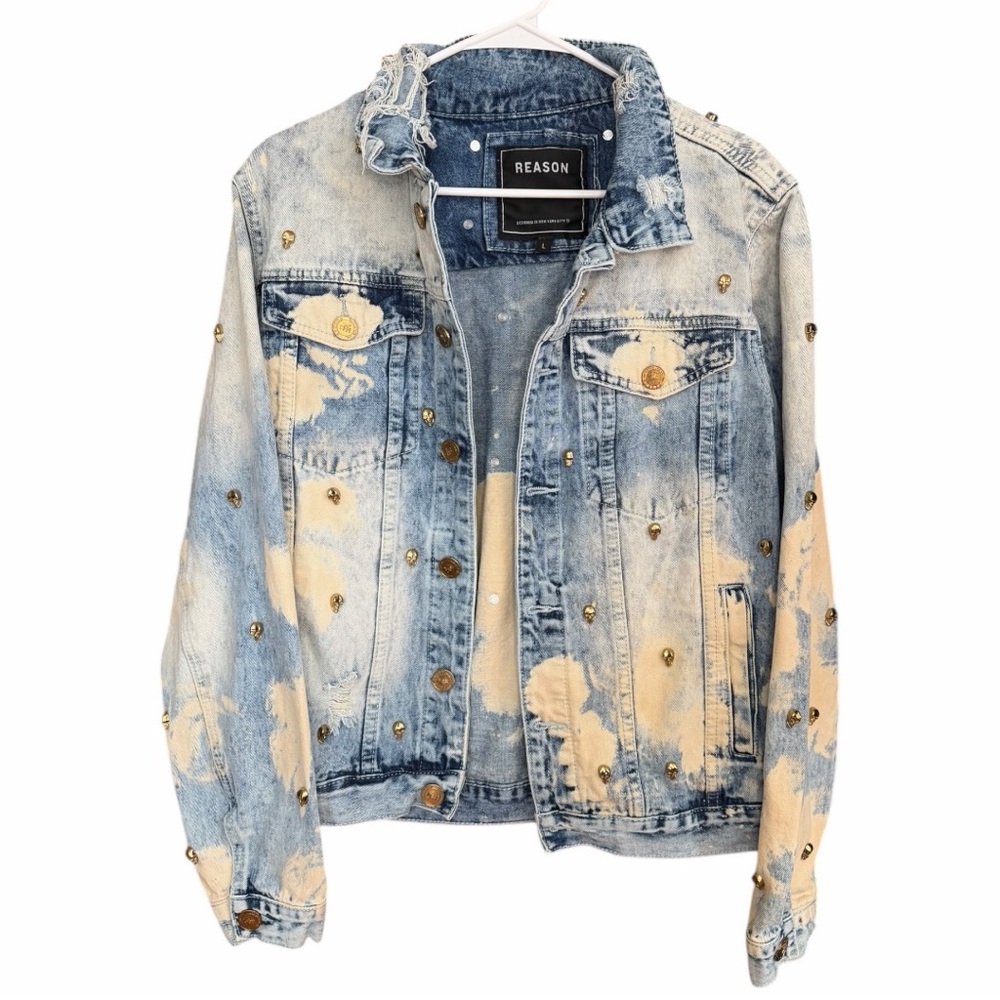 Reason Bleach Washed Skull Metal Grommets Jean‎ Jacket Size Large Distressed